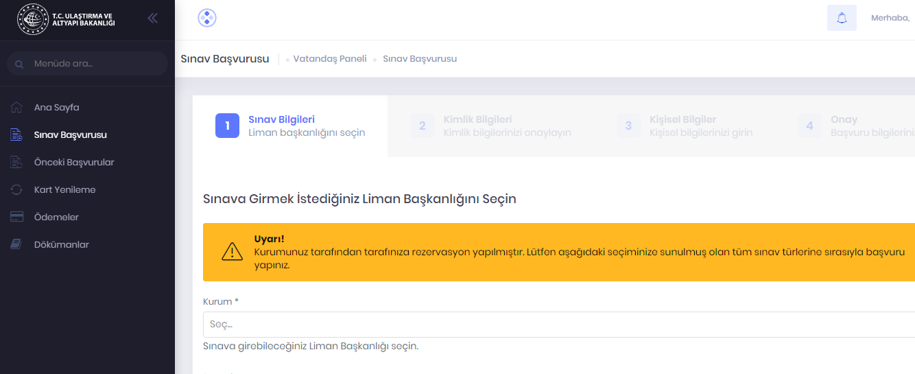 sol mn&uuml;de Sınav Başvurusu Alanına tıklayınız 4